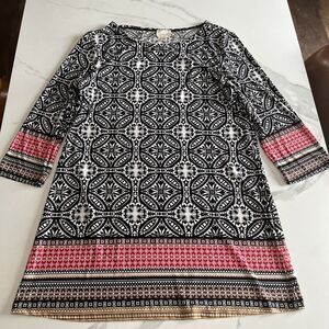 Misia Dress Tunic Size Large Black White Geo All Over Print 3/4 Sleeve Stretch
